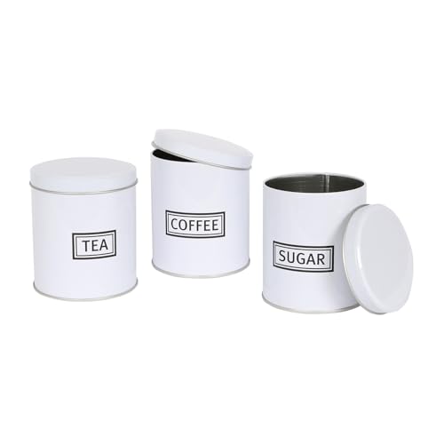 Harbour Housewares 3pc Tea Coffee Sugar Canisters Set White Round Metal Kitchen Storage Tins with Airtight Lids Modern Industrial Food Caddy Containers for Countertop Organisation