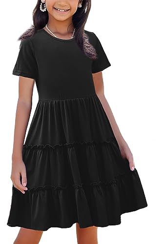 Girls' Summer Dresses Empire Waist Ruffle Sleeve Tiered Swing A-Line Casual Cotton Sundress 5-11Y