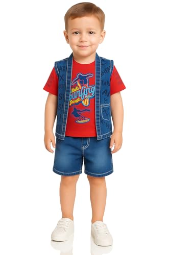 Image of Baby Boy T-shirt Shorts Pants and Jacket Denim Jeans Dress Clothing Set for Kids (Print Designs May Vary)