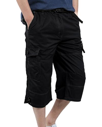 YAOBAOLE Cargohose Herren mit Gummizug Freizeithose Sommer Dreiviertel Cargo Shorts Bundeswehr Hose Männer Capri Pants Schwarz XL
