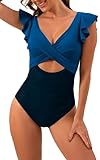Jarseila Badeanzug Damen Push Up Monokini Rüschen Swimsuit Sexy V Ausschnitt Bademode Badekleid One Piece Bauchweg Badeanzug Hochwertiger Tankini Schwarz-Blau XL