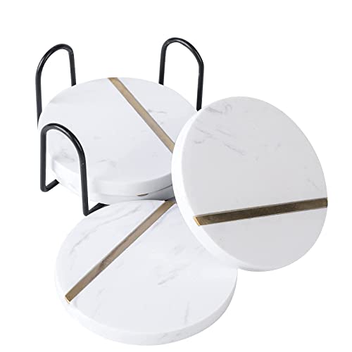 Runde Marmor-Untersetzer aus Messing, handgefertigt, weißer Marmor-Untersetzer mit Messing-Futter auf der Vorderseite für Ihre Getränke, Getränke und Wein-/Bar-Gläser (Set von 4) Cover