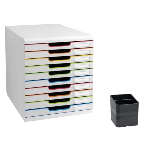 Exacompta - Réf. 302913D - PACK Module de classement Modulo Black Office 10 tiroirs fermés blanc/arlequin - Dimensions extérieures 35 x 28,8 x 32 cm + 1 pot...