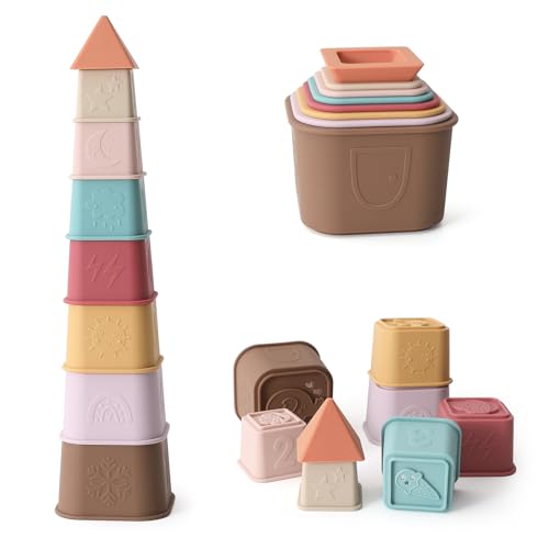 Yiveko BY2403 Baby Stacking Cups Toy, Silicone Baby Stacking Tower, Silicone Soft Teething Toy Educational Baby Toys, Baby Building Toys Blocks, 6 Months+, 8 Pcs Set-Vintage cover