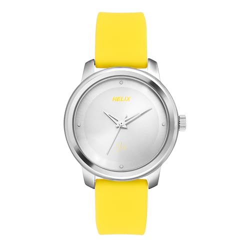 Helix by Timex Analog Watch for Women with Silver Round Dial & Yellow Silicone Strap Band Water Resistant Women's Wrist Watches - TW048HL13