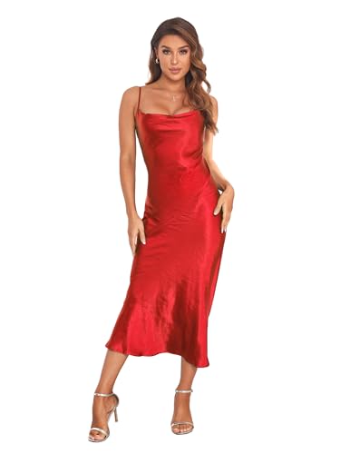 Women's Spaghetti Strap Midi Satin Silk Dresses Slip Cowl Neck