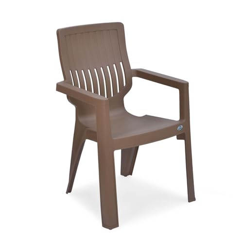 Image of Nilkamal Ortho Comfort Plastic Chair with Arm | 3 Year Warranty | Stackable Chair for Home, Living Room, Dining Room, Cafe & Balcony | Ergonomic Back Support | Indoor & Outdoor Use | Rattan Dark Beige