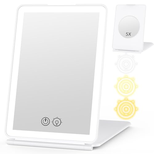 WEILY Espejo Maquillaje con Luz, 5X Espejo Aumento, 3 Regulable Colores Pantalla Táctil Espejo Led, Espejo Tocador USB Recargable para Viajes (Blanco)