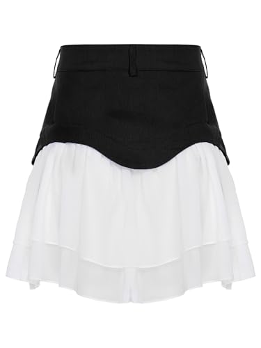 Women Summer Gathered Denim Skirt with Chiffon Ruffles High Waist A-line Pleated Skirt Mini4