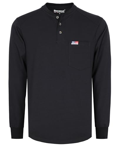 Image of BOCOMAL FR Shirts for Men Long Sleeve EX Soft Flame Resistant Henley CAT2 | NFPA2112 6oz Midweight Cotton Knit Heather Series,Moisture-Wicking /Breathable,Chest Pocket,Rib-Knit Cuffs,Summer Work T Shirt