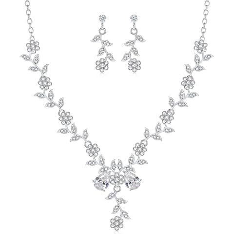 Hadskiss Prom Jewelry Set for Women, Necklace Dangle Earrings Set, White Gold Plated Jewelry Set with Leaf Cluster Flower Crystal, Allergy Free Wedding Party Jewelry for Bridal Bridesmaid Cover
