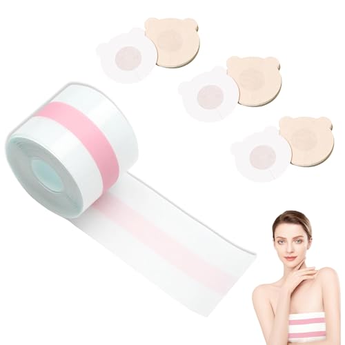Eniyou Boob Tape Cinta Adhesiva Pecho Sujetador 5 cm X 5 m Tiras Adhesivas para Sujetar el Pecho Booby Tape Pegatinas Sujetador con 30 Pieza Pegatinas de Leche para Copas A - E