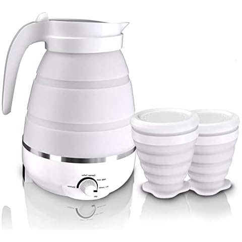 Faltbarer Wasserkocher, 600 ml Elektrischer Reisekessel, Camping Wasserkessel mit 2 Faltbaren Becher, Silikon Wasserkessel Reisewasserkocher mit mehrfacher Einstellungen Cover