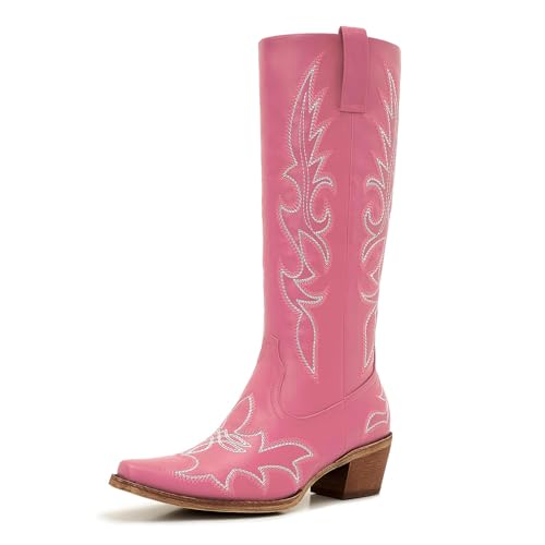 Image of Uillnoodu Women's Turquoise Cowgirl Boots - Wide Calf Mid Calf Western Boots Plus Size Embroidered Cowboy Style with Block Heel