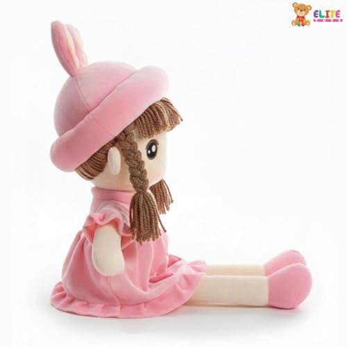 Image of ELITE CREATIONS Plush Doll with Bunny Hat, Pink Dress and Braided Hair, Stuffed Toy for Kids- Gift Toy for Girls and Babies