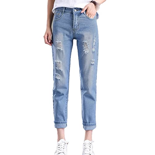 Maiyifu-GJ Ripped Jeans for Women Mid Waisted Skinny Straight Destroyed Denim Pants Slim Fit Distressed Stretch Jean Trouser (Light Blue,28)