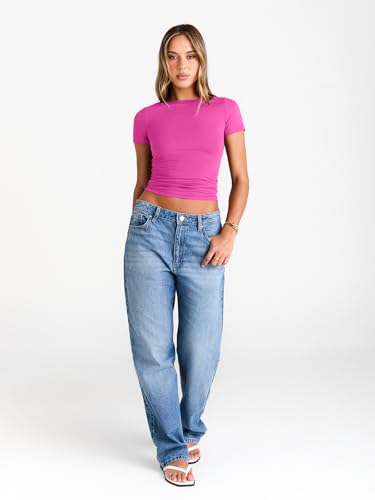 Image of Trendy Queen Womens Boat Neck Tops Short Sleeve Shirts | Compression Basic Tops,Y2K Aesthetic Slim Fit,Professional Business Casual, Polished Teacher Outfits