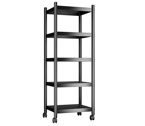 VETALLO Metal Shelves 5 Tier Shelving Units,Estantes para Cocina,Storage Rack Shelf for Kitchen,Garage, Pantry, Closet Organizer, Utility Narrow Racks Carts with Wheels (15.7
