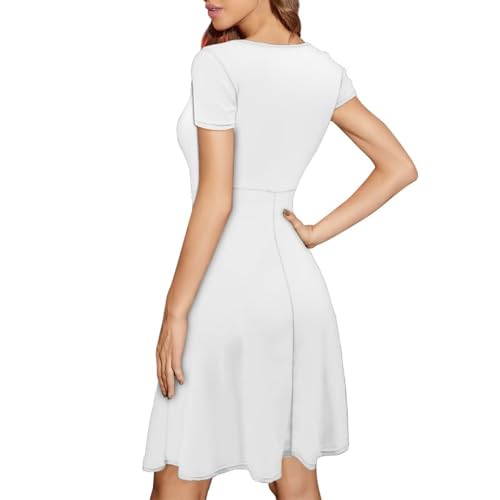 Image of POLERO Women Puffy Swing Elegant Party Midi Dresses Short Sleeve Round Neck A-Line Dress