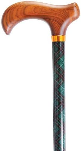 Miniatura 2 de Bastón ajustable de tartán para hombre. Eje de aluminio a cuadros azules y verdes. Madera maciza, mango Derby. Único!