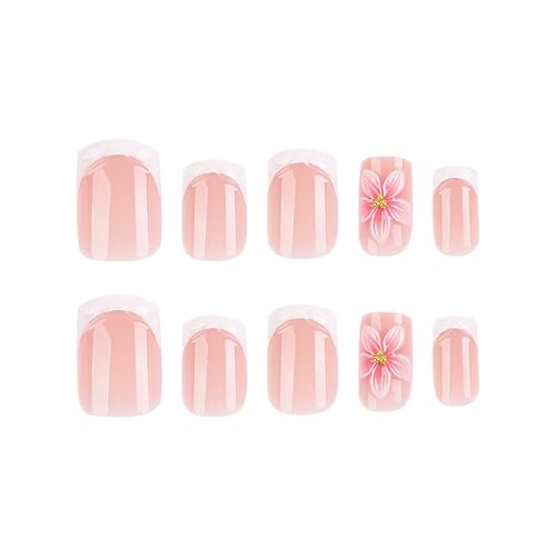 Image of 3D Pink Flower Press on Nails Short Square Fake Nails White French Tip Nail Press ons Floral Charms Glossy Full Cover Stick on Nail for Women Manicure 24Pcs