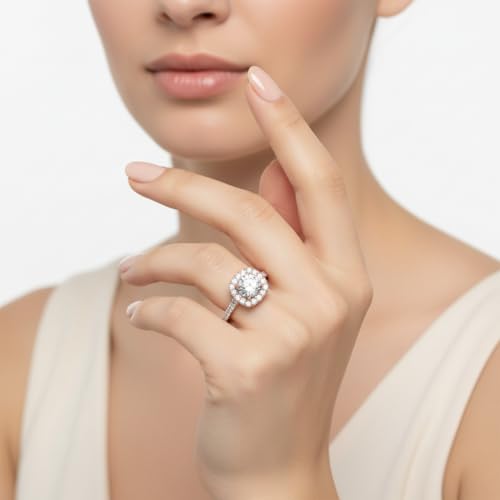 Image of Choose Your Gemstone Round Diamond CZ Square Halo Ring Rose Gold Plated Round Shape Petite Engagement Rings Matching Jewelry Wedding Jewelry Easy to Wear Gifts US Size 4 to 12