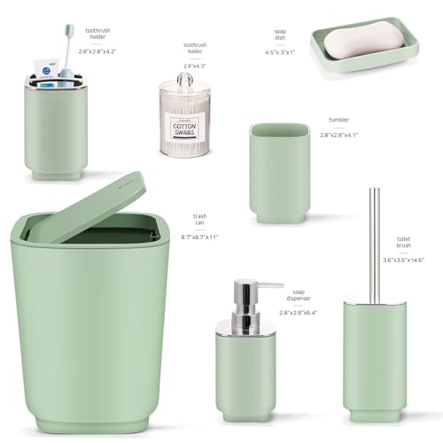 Green Bathroom Accessories,11Piece Bathroom Set,Tray,Toothbrush Holder,Toothbrush Cup,Soap Dispenser,Soap Dish,Toilet Brush,Trash Can,Qtip Holders for Bathroom Décor and Housewarming Gifts