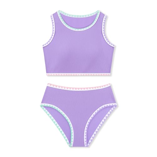 Image of Girls Bathing Suit Toddler Swimsuits 2 Piece Bikini Sets Round Neck Colorful Lace Teen Girls Swimwear 3-14T