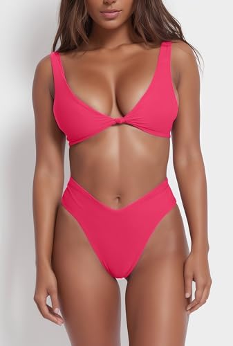 Image of geluboao Bikini Set for Women Solid V Neck Knot Front Push Up High Leg Thong Two Piece Swimsuit