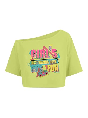 80s Shirt for Women Neon Off The Shoulder Crop Tops Girl's Just Wanna Have 80's Fun Graphic Tee