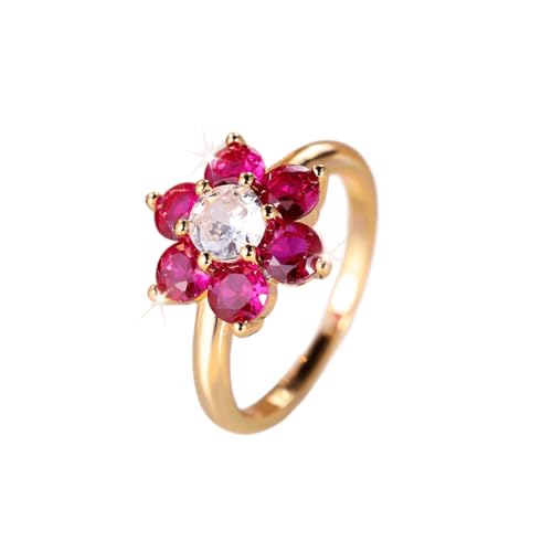 Fashion Jewelry Yellow Gold Plated Simulated Ruby Spinel Flower Stackaing Band Engagement Rings for Women