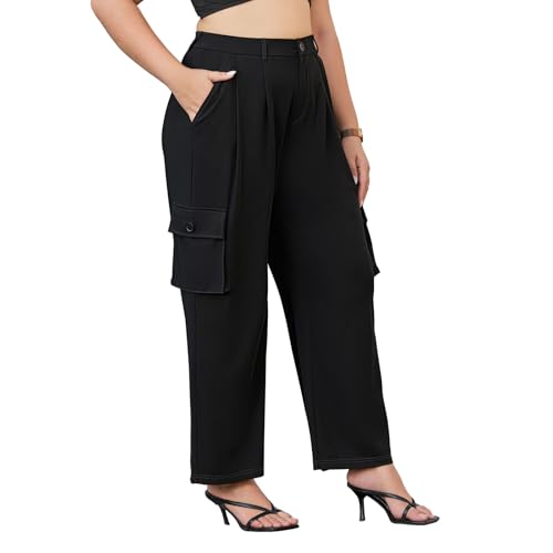 DGD Women's Plus Size High Waisted Cargo Dress Pants - 4-Way Stretch Office Trousers with Elastic Waist & Utility Pockets 4XL Black