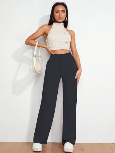 Image of Toochki Trousers for Woman Pants Women's Formal Office Korean | Black Track Pant | Straight | Cotton Spandex Stretchable Trouser | High-Waisted Bottom Wear