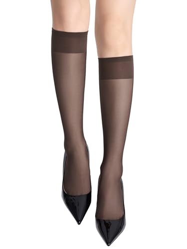 Image of leg elegant Sheer Knee High Stockings for Women, 6 Pairs Knee High Transparent Toes Nylons Pantyhose for Women