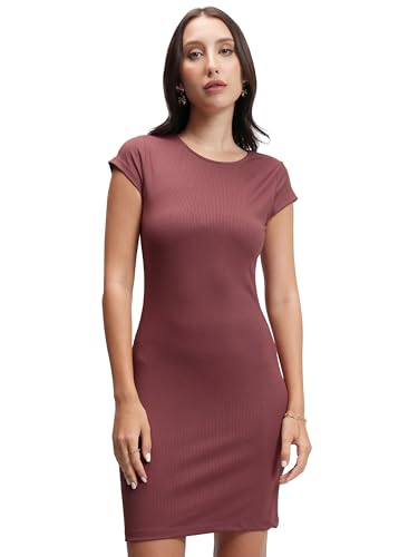 Image of Tokyo Talkies Women's Elegant Vertical Stripes Self-Design | Round Neck Sheath Dress | Ribbed Short Sleeves & Bodycon Fit for a Chic Look