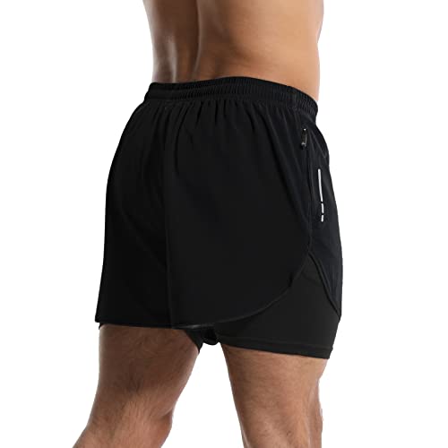 OEBLD Men’s Running Shorts 3 Inch Workout Gym 2-in-1 Pants Athletic Compression Tights2