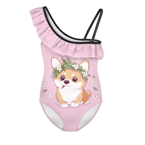 Jeiento Girls One Piece Swimsuit Dog Print Beach Bathing Suit One Shoulder Swimwear with Ruffled Adjust Strap Cute Swim Wear
