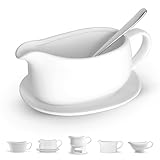 Kook Gravy Boat & Saucer, Ceramic Serving Dish, Dispenser with Tray for Sauces, Dressings and Creamer, Large Handle, Microwave and Dishwasher Safe, White 23.8 oz (Gravy Boat with Spoon)