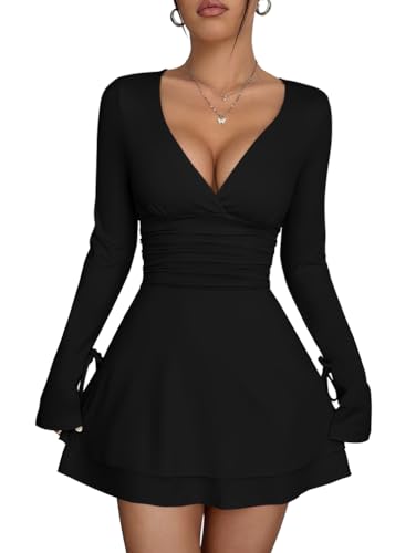 XXTAXN Women's Sexy Wrap V Neck Long Sleeve Flowy Hem A Line Ruched Waist Corest Mini Dress Black