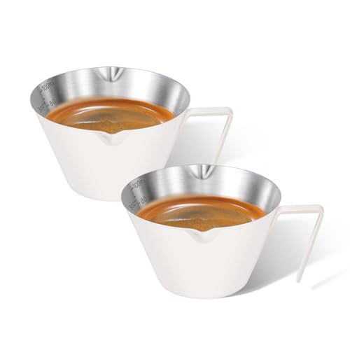 carrottimes 2 Tazas de Espresso con Mango, Accesorios de Espresso de Acero Inoxidable, Taza Medidora de Metal con Doble Pico y Escala, Taza de Espresso con Boca en Forma de V,3.4OZ/100ML(Blanco)