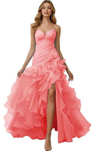 Women Plus Size Strapless Prom Dress Tiered Tulle Ruffle Ball Gown 2026 Coral