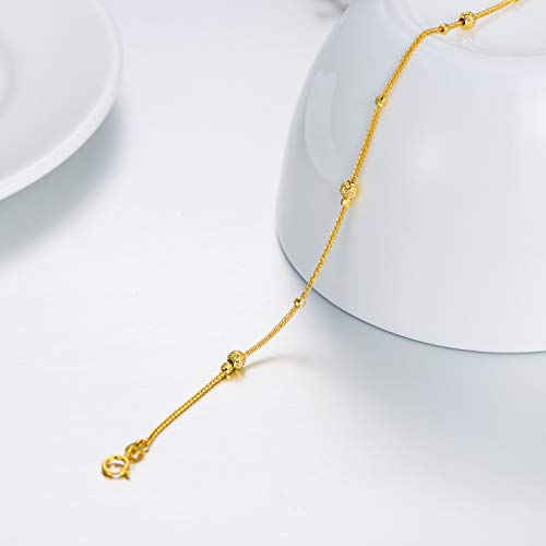 18K Solid Gold Bracelet for Women, Dainty Real Gold Beads Ball Adjustable Chain Bracelet Fine Jewelry Anniversary Christmas Gift for Her, Wife, Mom 6.5"-7.5"3