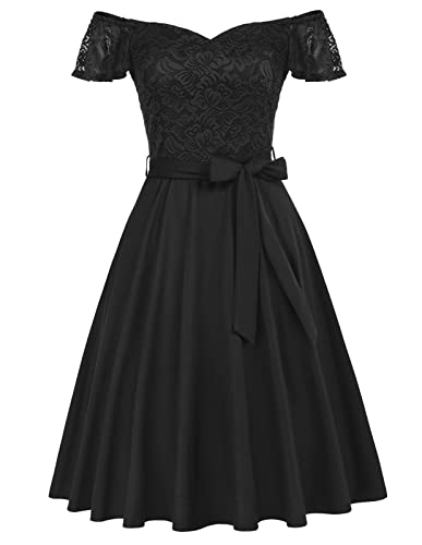 Belle Poque Damen Vintage A-Linie Kleid Spitze Patchwork Kurzarm Midi Kleid...