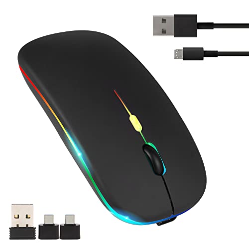 Wireless Mouse for Laptop With 2 USB A to USB C Adapter, 2.4GHZ Bluetooth Mouse Rechargeable,Computer Mouse Wireless with 800 To 2400 DPI, Silent Click, RGB Ligts, Slim Wireless Mouse With 3 Buttons