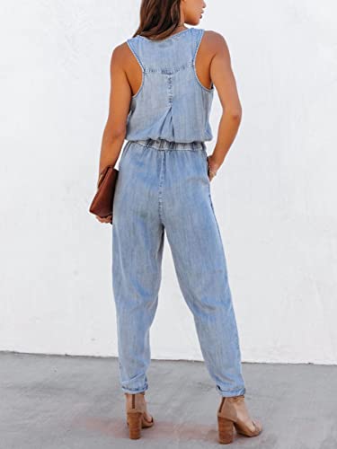Chouyatou Women'S Denim Scoop Neck Sleeveless Drawstring Waist Jumpsuits Overall Rompers  thumb #2