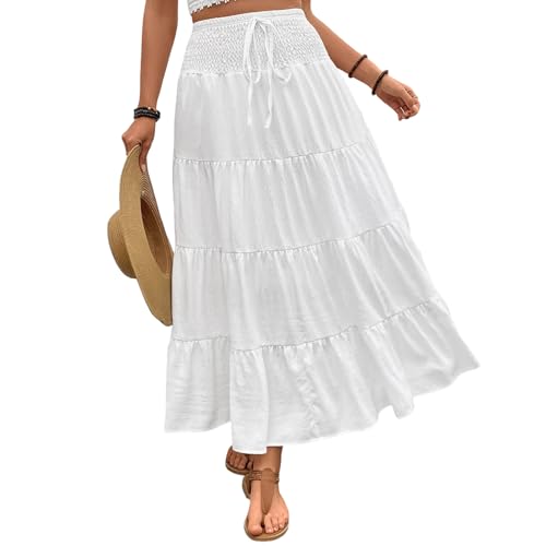 Women Summer High Waist Skirts Casual Elegant Solid Color Bohemian Ruffled A-Line Skirt for Beach Vacation Streetwear