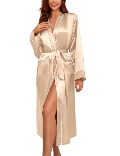 Image of Ekouaer Satin Robes for Women Long Sleeve Silk Bathrobe Soft Lightweight Full Length Sleepwear Bridesmaid Wedding Party Robes
