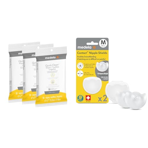 Medela Breast Pump Cleaning Wipes 90 Count 3 Pack Bundle and 2 Count Contact Nipple Shields for Breastfeeding with Carrying Case