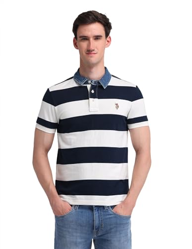 Image of U.S. Polo Assn. Denim Co. Men's Blue Striped Polo Collar Half Sleeve Casual Cotton Slim Fit T-Shirts