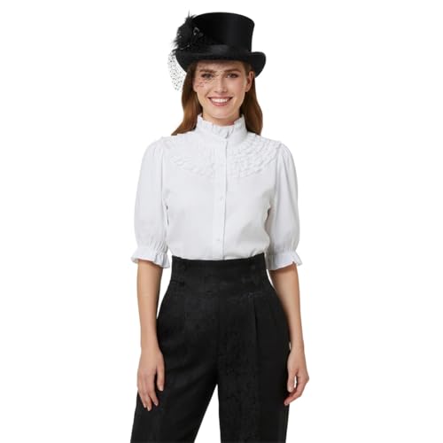 BPURB Hauts Chemise Renaissance Victorienne pour Femmes, col Montant, Manches mi-Longues, Chemisier Paysanne médiéval Vintage, Blanc, L